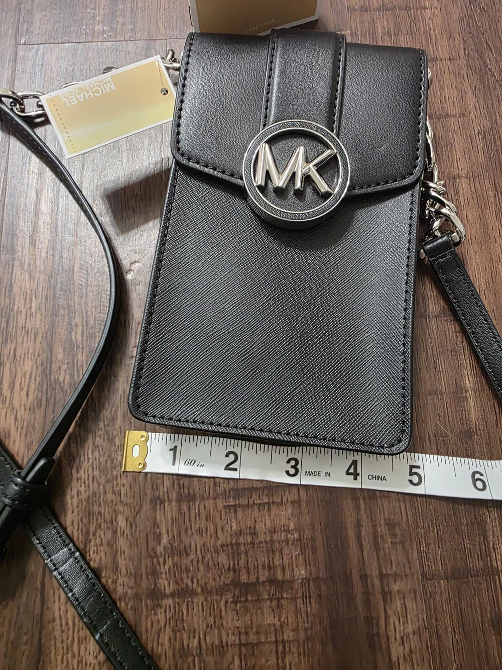 NWT Michael Kors Black Phone Crossbody Bag Silver MK Logo Chain Strap